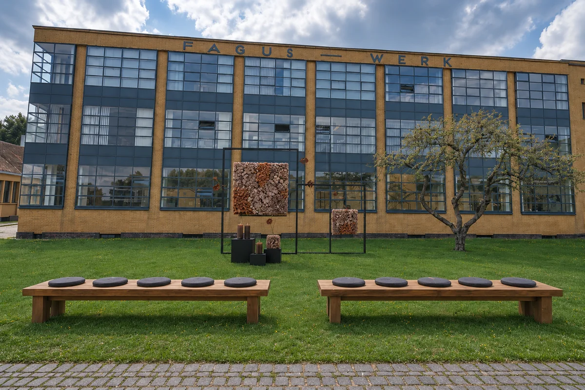 Konzeptvisualisierung einer freien Trauung vor dem Fagus-Werk mit geometrischen Blumenflächen und schlichten Holzbänken.